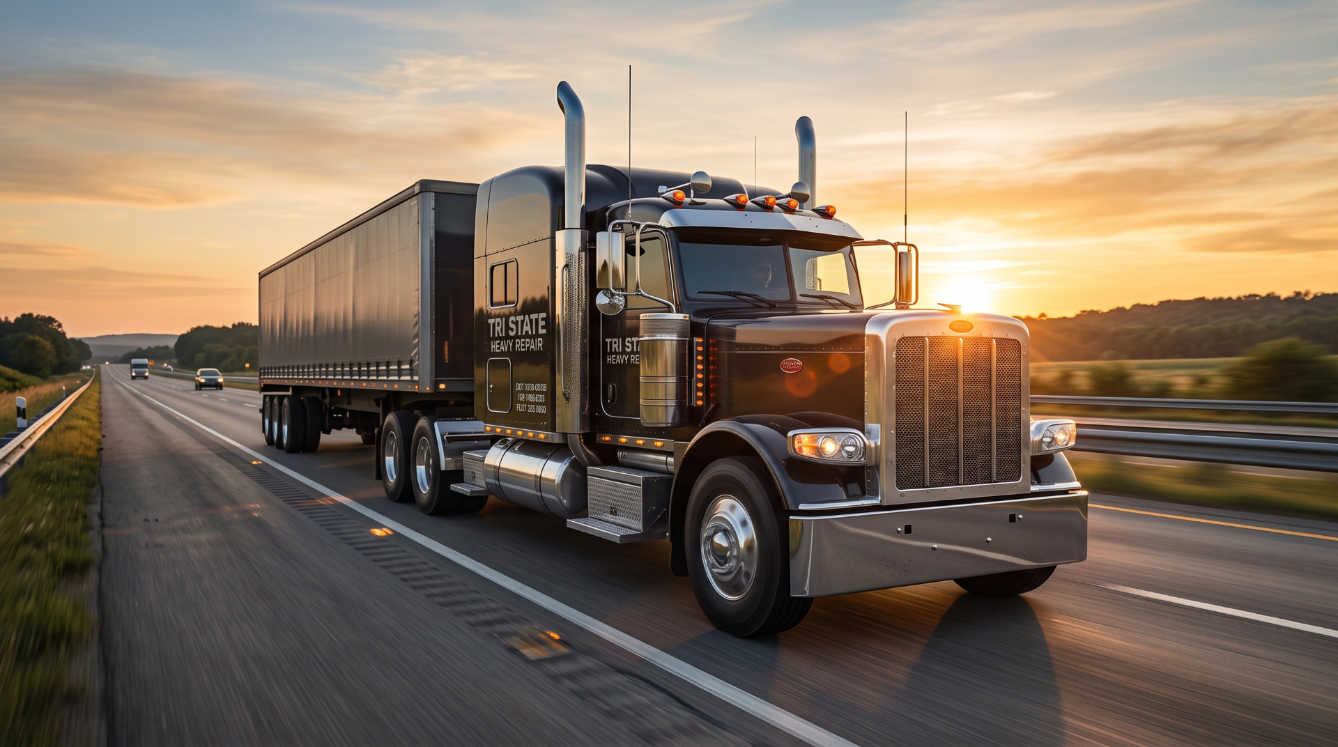Black semi-truck on an open highway at sunset with lens flare
