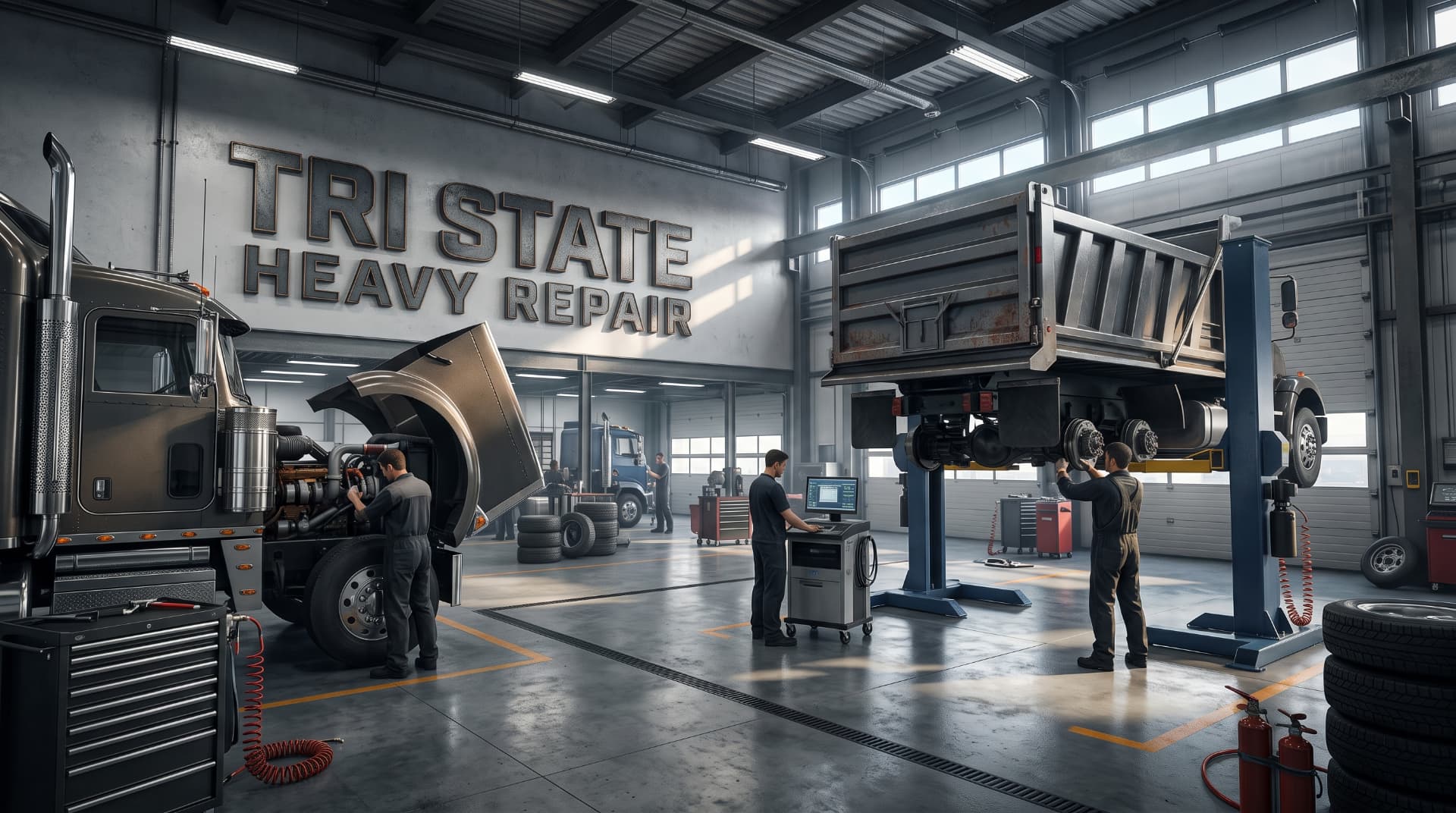 Modern industrial heavy-duty truck repair facility with mechanics and lifts